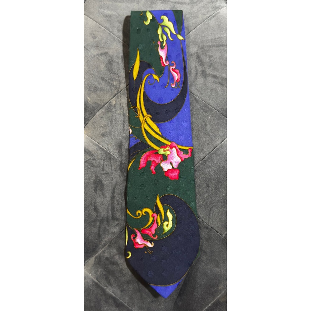 Bernini Beverly Hills Mens Silk Tie Floral Scroll Jacquard Blue Green Pink Tie